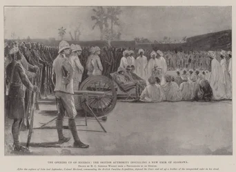 La apertura de Nigeria, la autoridad británica instalando un nuevo Amir de Adamawa
